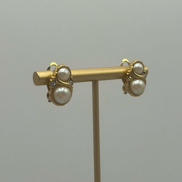 Givenchy Gold Plated Pearl Embellished Clip On Earrings With Rhinestones - Picture 3 of 11